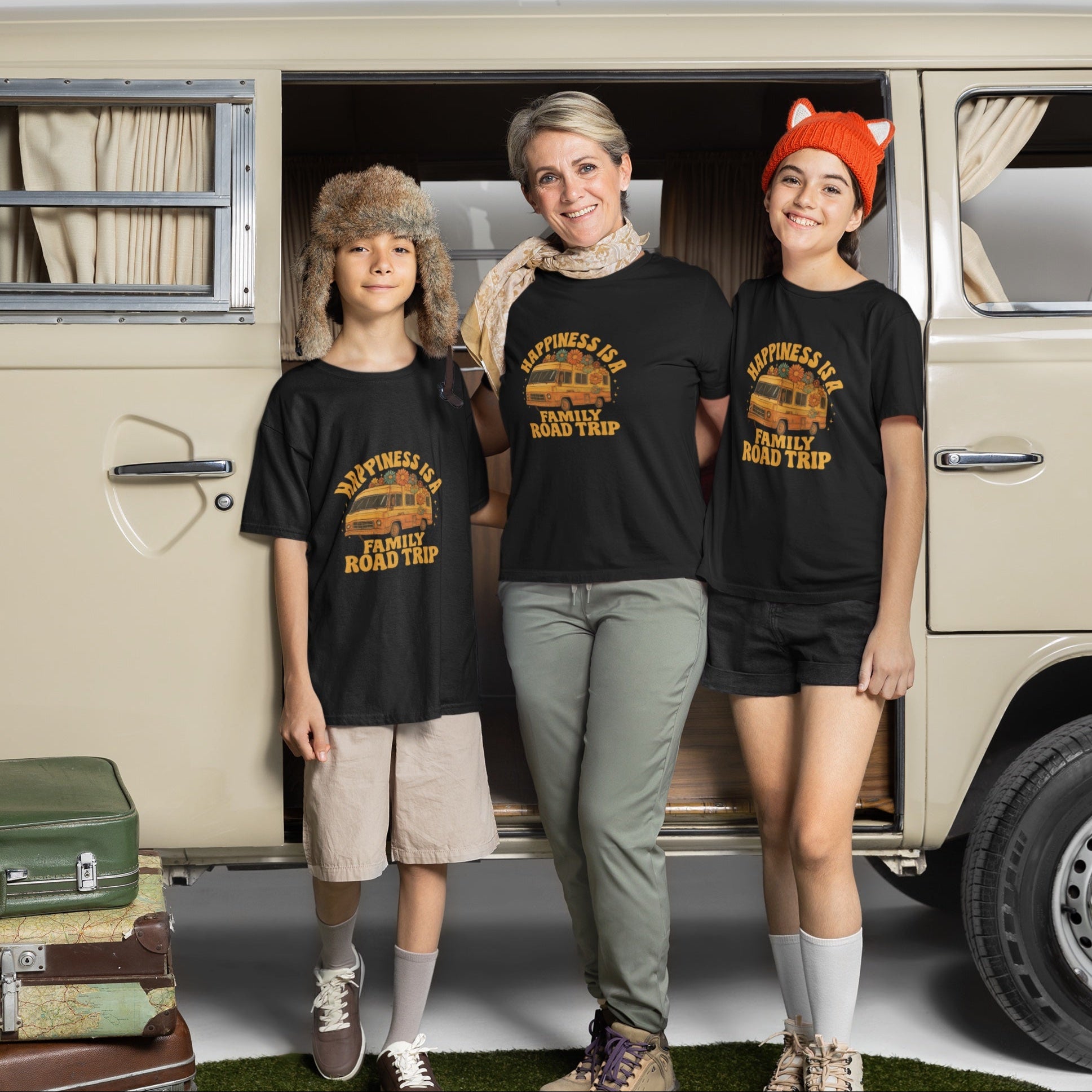 Happiness Is A Family Road Trip Yellow Youth Tee